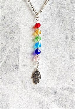 Rainbow Facet Crystal Hamsa Necklace