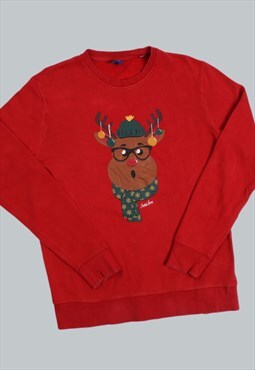 Vintage 90's Sweatshirt Red Christmas reindeer Jumper Small