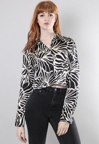 VINTAGE 90S PATTERNED CROPPED SATIN BLOUSE