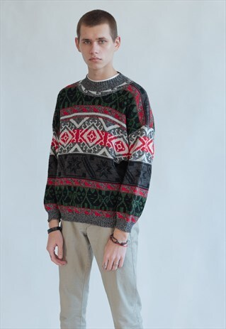 VINTAGE 80S DADS ROUND NECK JUMPER IN WINTER PATTERN