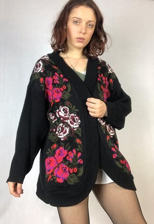 80S 90S FLORAL THICK KNIT CARDIGAN