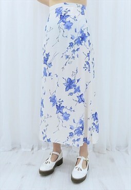 90s Vintage Blue & White Floral Midi Skirt (Size M)