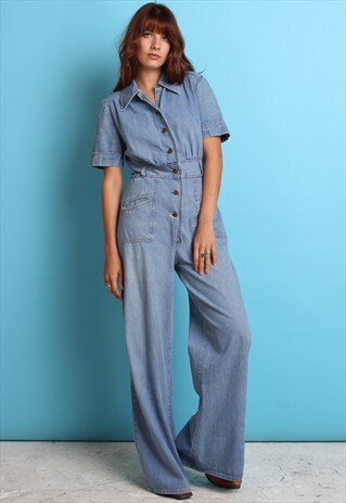 70S VINTAGE DENIM FLARED JUMPSUIT