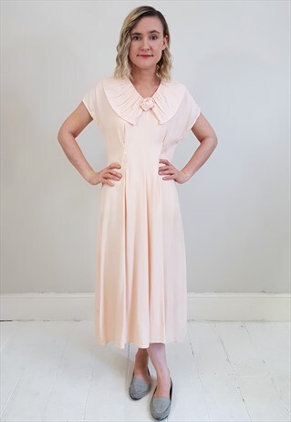 VINTAGE 80'S PEACH PLEATED SAILOR NECK FLOWER DRESS
