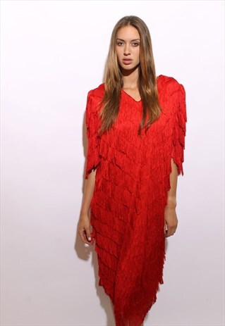 VINTAGE 1980'S 80'S RED FRINGE DRESS FLAPPER 1920S PARTY M-L