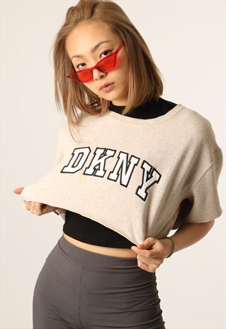 VINTAGE DKNY SPELLOUT SHORT SLEEVE CROPPED SWEATSHIRT