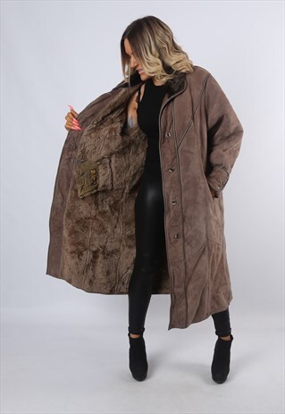 SHEEPSKIN SUEDE LEATHER SHEARLING COAT LONG UK 16 (CK2Q)