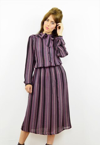 VINTAGE 80S STRIPED PUSSY BOW NECK TIE DRESS