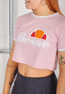 Vintage Ellesse T-Shirt in Pink Crewneck Cropped Tee UK 4