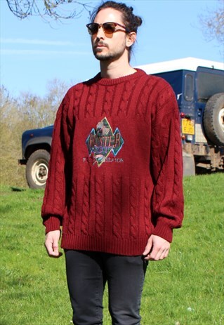 VINTAGE 80S KNIT JUMPER FISHING HUNTING LARGE STITCHED HUNT