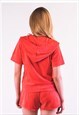 VELOUR TRACKSUIT SET IN CORAL ORANGE TOP AND SHORTS