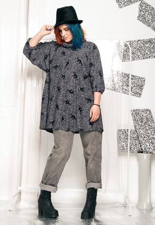 CAT PRINT TOP - 90S VINTAGE OVERSIZED TUNIC