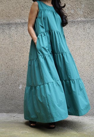 LAYERED GREEN KAFTAN TIRED DRESS ASYMMETRICAL TUNIC F1697