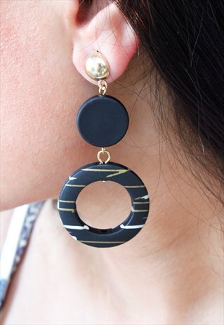 BLACK & WHITE CIRCLE ACRYLIC DROP DANGLE EARRINGS