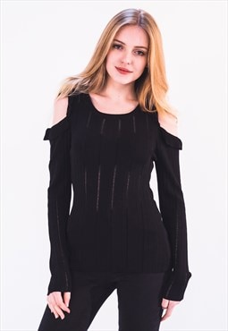 Frill Cold Shoulder Top With Long Sleeves in Black