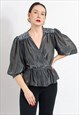Vintage 80s party blouse in glitzy silver puff sleeve