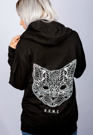 CAT MANDALA BLACK ZIP HOODIE