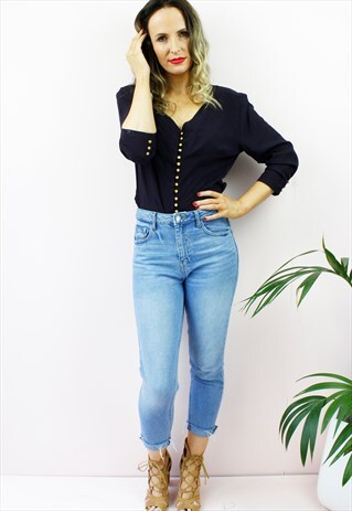 VINTAGE NAVY BLUE GOLD BUTTON CROPPED SHIRT BLOUSE