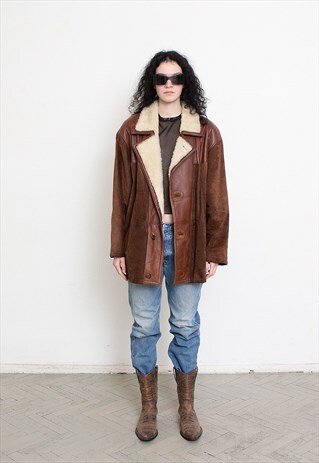 Vintage 80s Aviator Suede Leather Jacket Sherpa