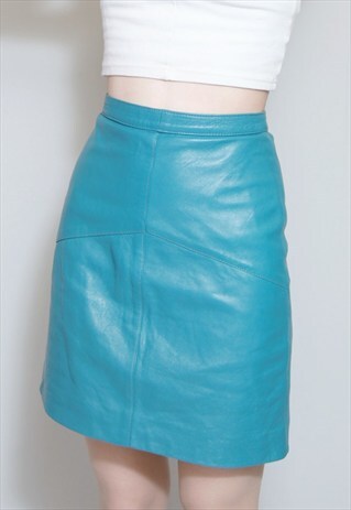 VINTAGE 1980'S AQUA BLUE LEATHER A LINE MINI SKIRT