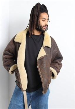 Vintage Leather Sheepskin Sherpa Lined Flight Jacket Brown