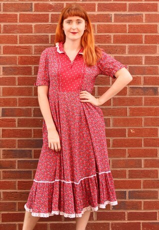 VINTAGE 80S MIDI DRESS RED BLUE & WHITE FLORAL LACE SUMMER