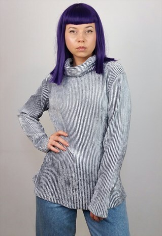 VINTAGE 90'S RIBBED KNIT TURTLENECK / JUMPER IN SILVER