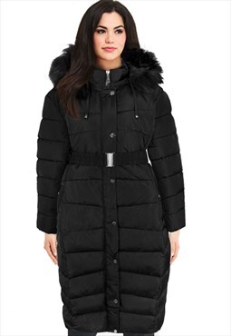 Dyler full length padded hooded jacket with belt in black