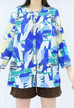 80s Vintage Multicoloured Abstract Blouse (Size L)
