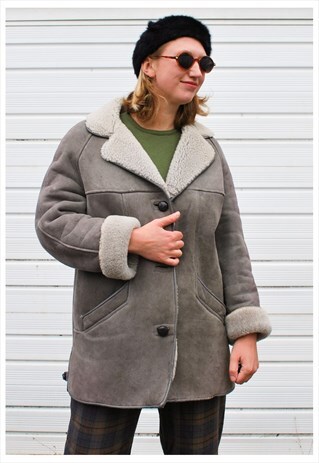 VINTAGE 70S GREY SHEARLING COAT