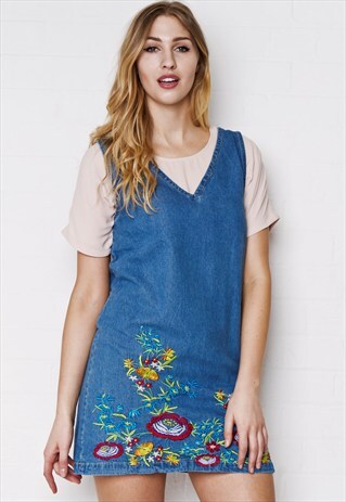 LIQUOR N POKER - MIA FLORAL EMBROIDERED DENIM TUNIC DRESS