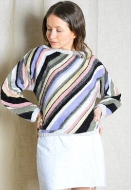 Vintage 80s Colourful Pastel Striped Knit Womens Jumper