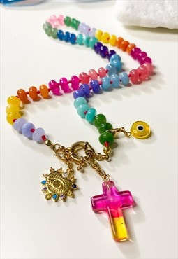 Rainbow Beaded Charm Necklace