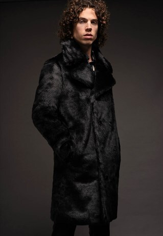 MENS BLACK FAUX FUR DOUBLE BREASTED COAT