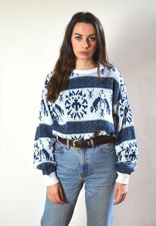 80S VINTAGE WHITE & BLUE KNIT JUMPER