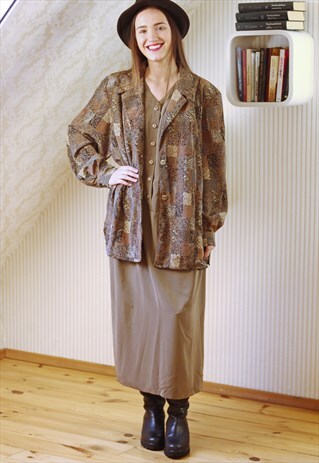 LIGHT BROWN DRESS WITH ATTACHED PATTERNED JACKET