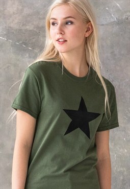 Black Star Retro Khaki 60s 70s 90s Printed T Shirt Tee Women