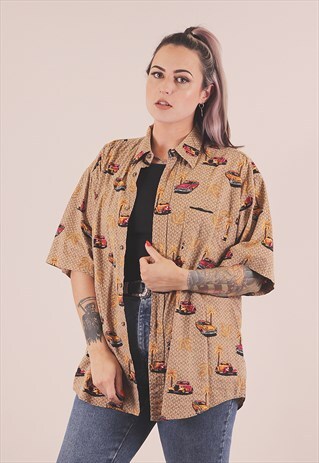 VINTAGE 90'S CRAZY PRINT CAR PATTERNED SHIRT /A4014