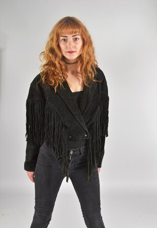 VINTAGE CROPPED BLACK SUEDE WESTERN COWBOY TASSELED JACKET