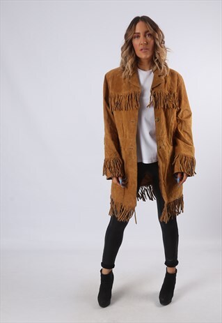 TASSEL FRINGE SUEDE LEATHER JACKET MID LONG UK 14 (B61G)