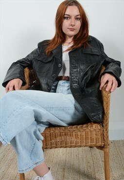 Vintage 90s Leather Jacket Oversize Black Unisex Size M