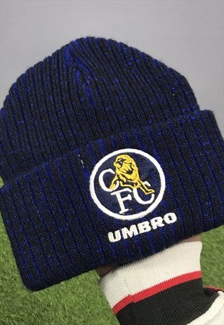 VINTAGE UMBRO CHELSEA FC WINTER BEANIE HAT IN BLUE WITH EMBR