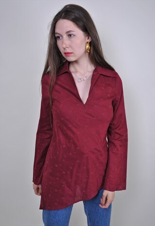 VINTAGE RED PULLOVER BLOUSE, FLOWERS EMBROIDERY BOH SHIRT