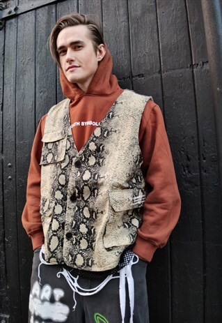 LOOSE FIT CARGO POCKET PYTHON SNAKE PRINT GILET VEST JACKET