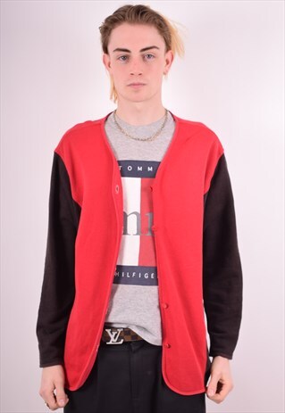 ADIDAS MENS VINTAGE CARDIGAN JUMPER LARGE RED 90S
