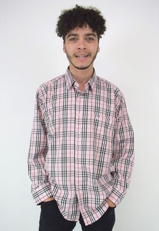 VINTAGE 90'S BURBERRY PINK PLAID BUTTON UP LONG SLEEVE SHIRT