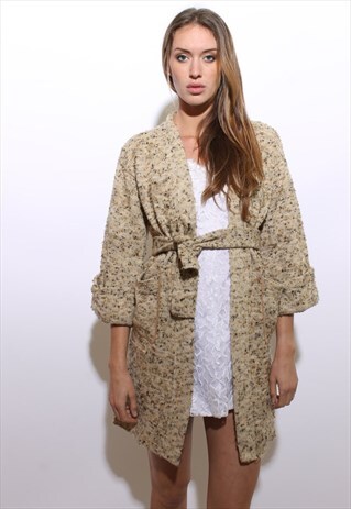 VINTAGE 1970'S 70'S BELL SLEEVE OATMEAL SWEATER DUSTER M-L