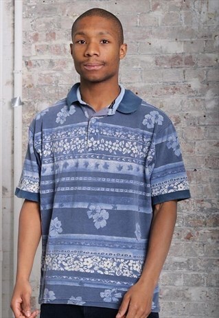 VINTAGE FILA FLOWER PATTERN POLO SHIRT BLUE
