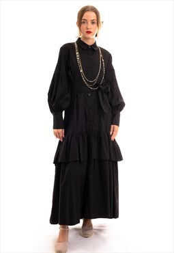 Puff sleeve shirt dress with tiered hem skirt in Black