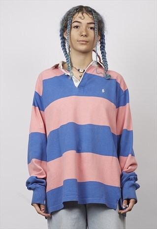 VINTAGE 90'S RALPH LAUREN PINK/BLUE STRIPED POLO SWEATER